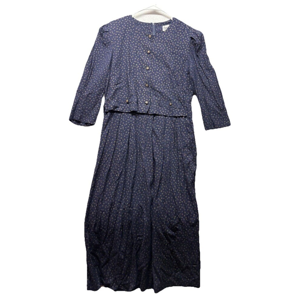 Vintage Periwinkle Navy Blue Gold Dress Tie Waist Size 10 Style 6527 Cottage